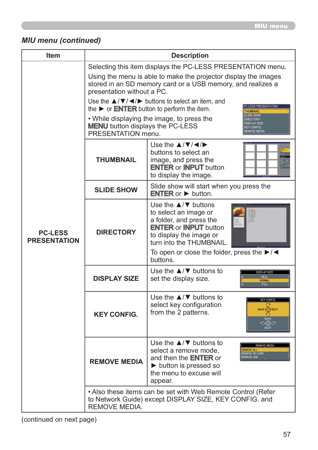 Hitachi CP-X809W user manual Thumbnail, Directory, Presentation, Display Size, Remove Media 