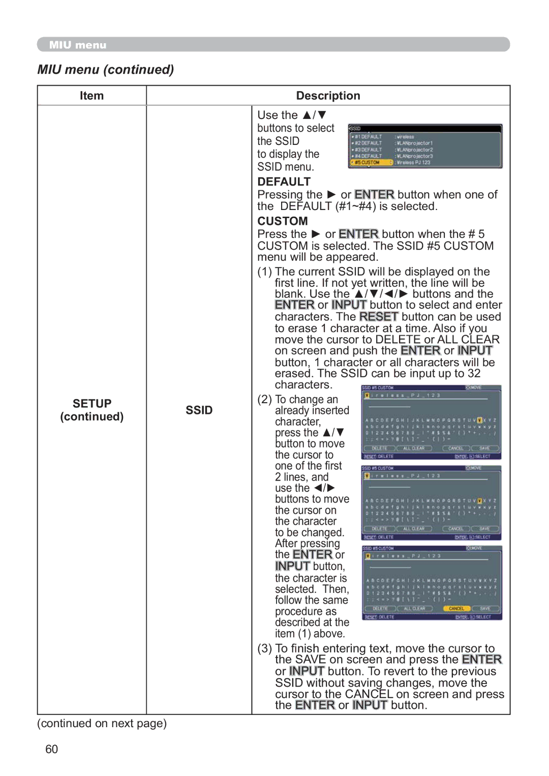 Hitachi CP-X809W user manual Setup FRQWLQXHG Ssid, Custom 