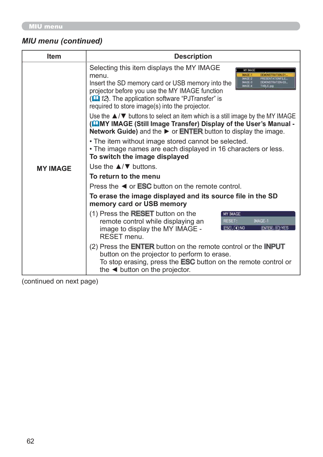 Hitachi CP-X809W user manual To switch the image displayed, ,0$*, To return to the menu, Memory card or USB memory 