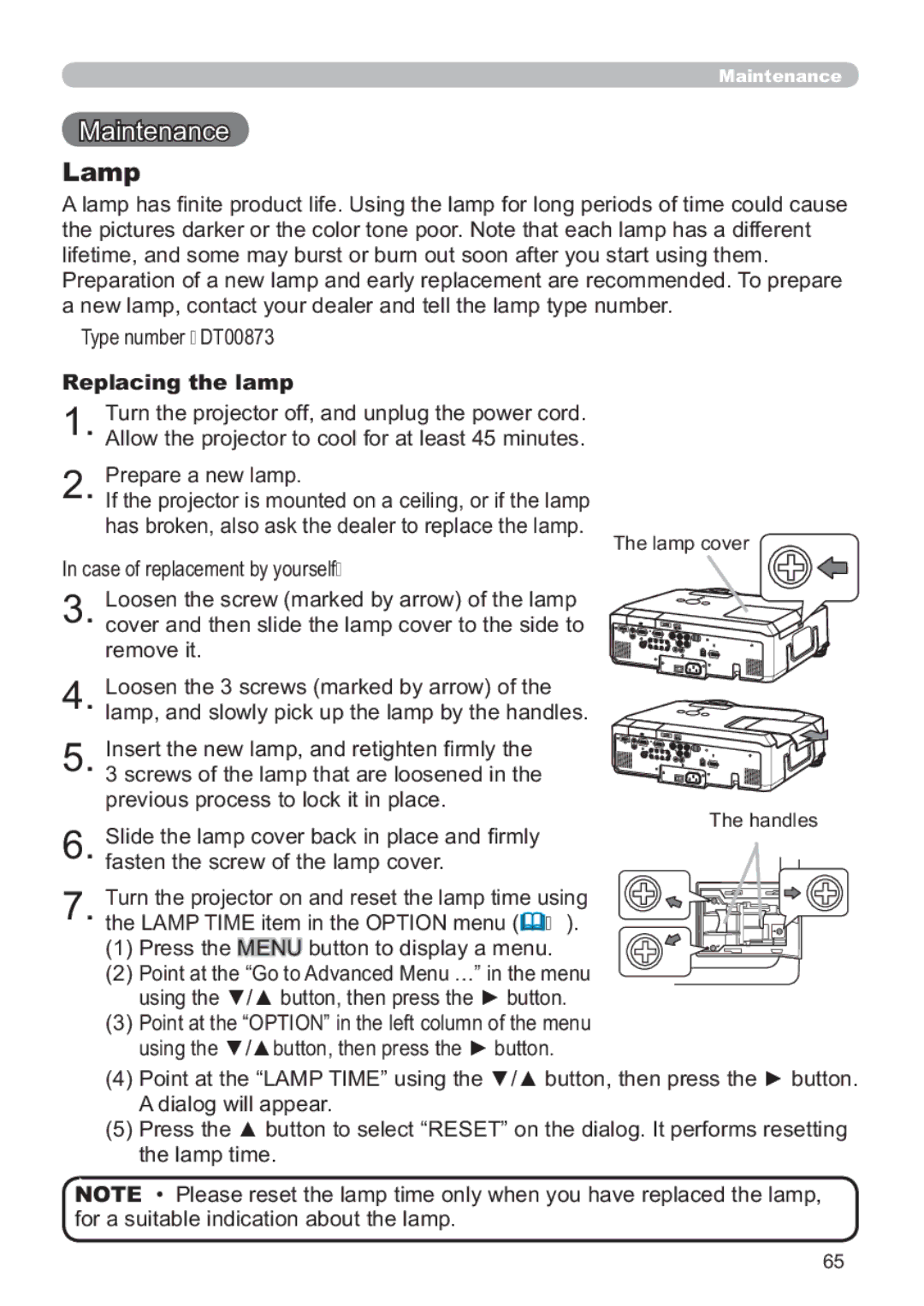 Hitachi CP-X809W user manual Lamp, Type number = DT00873 Replacing the lamp, Case of replacement by yourself 