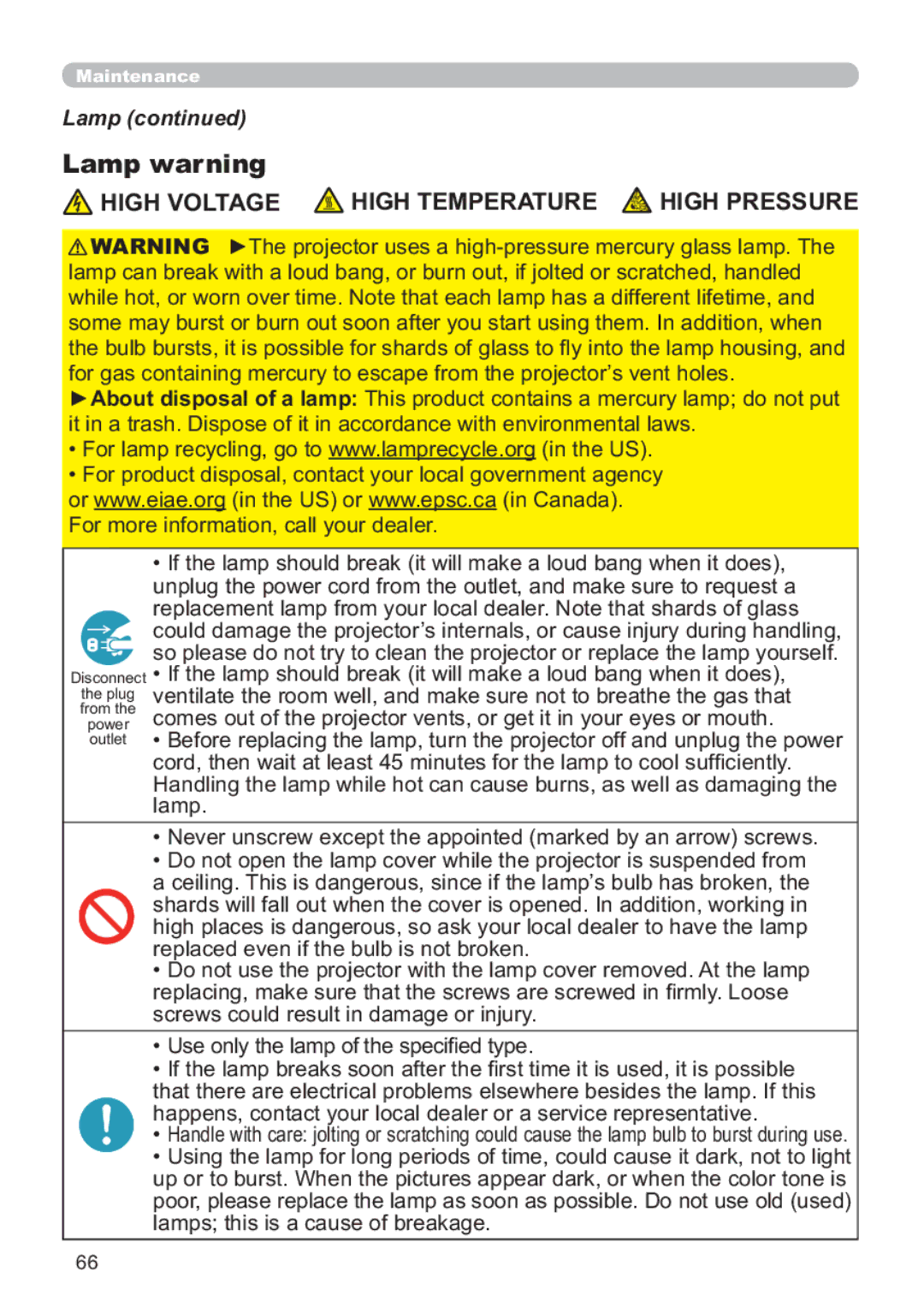 Hitachi CP-X809W user manual Lamp warning, ‡8VHRQO\WKHODPSRIWKHVSHFL¿HGW\SH 