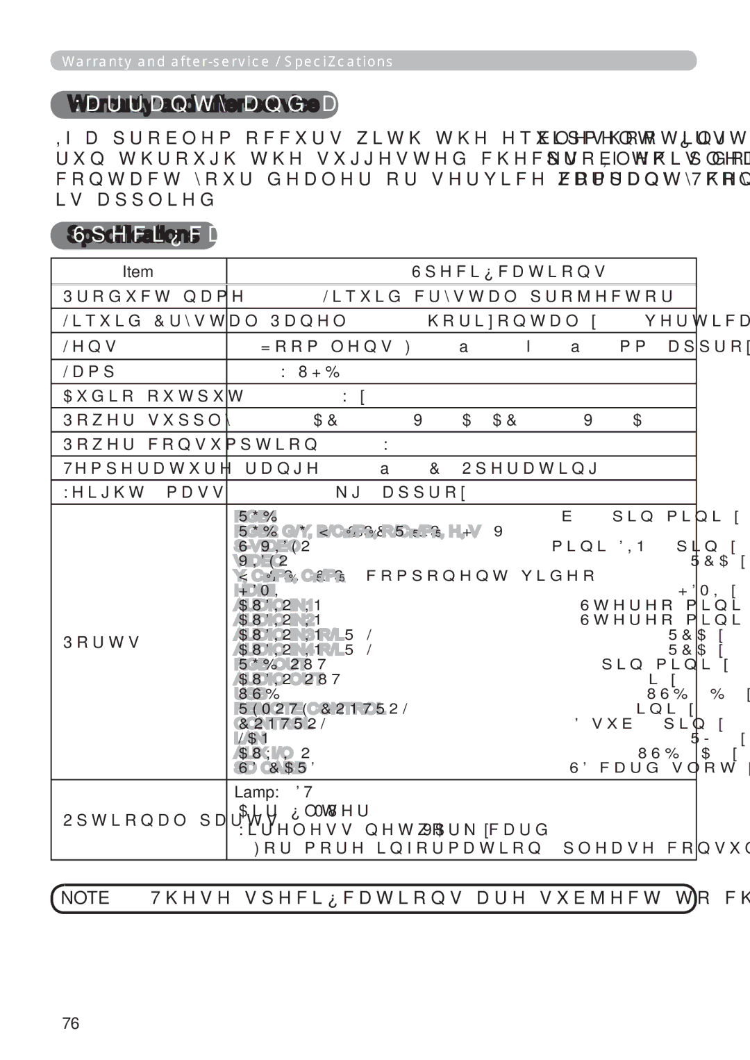 Hitachi CP-X809W user manual LvDssolhg, 6SHFL¿FDWLRQV, $LU¿OWHU08, LUHOHVVQHWZRUNFDUG9$ 