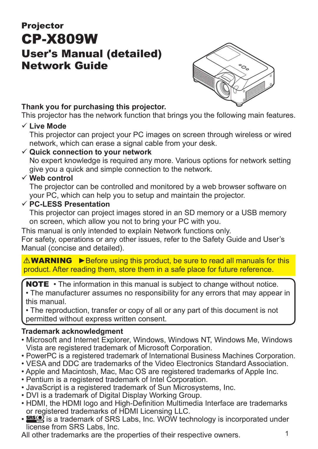 Hitachi CP-X809W user manual Network Guide 