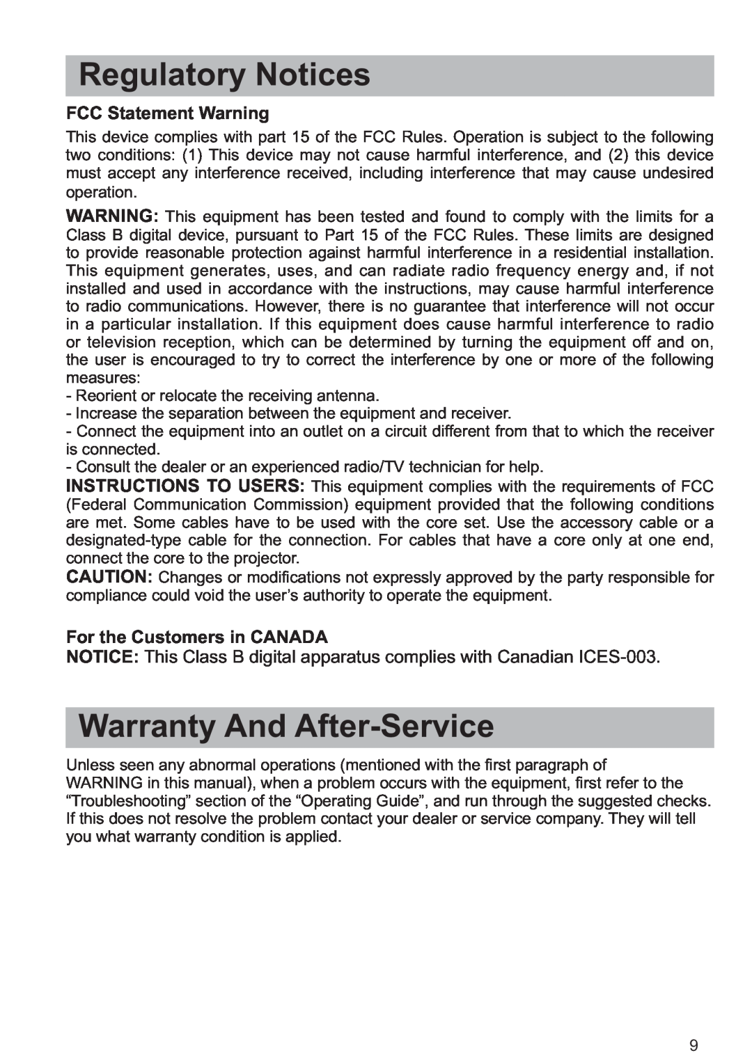 Hitachi CP-X809W Regulatory Notices, Warranty And After-Service, FCC Statement Warning, For the Customers in CANADA 