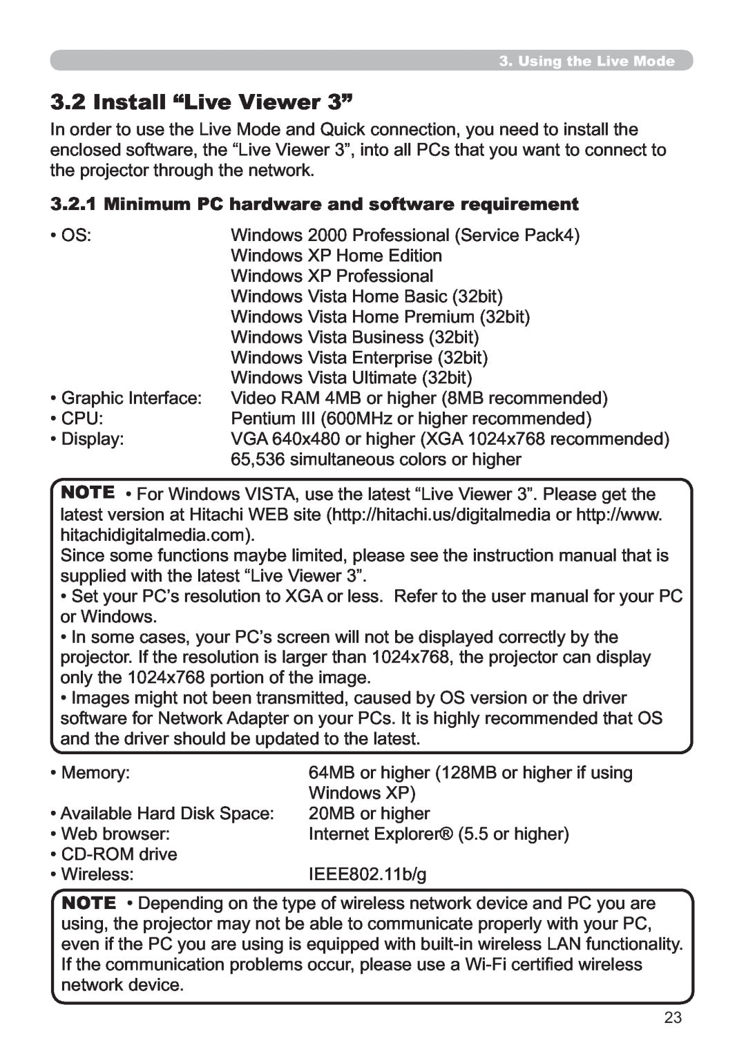 Hitachi CP-X809W Minimum PC hardware and software requirement, ‡&383HQWLXP,,,0+RUKLJKHUUHFRPPHQGHG, LQGRZV3 
