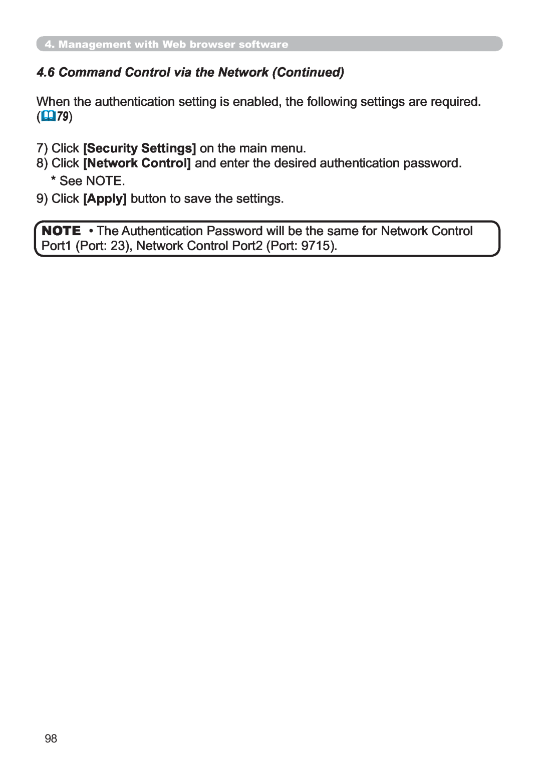 Hitachi CP-X809W user manual Command Control via the Network Continued, &OLFNSecurity Settings on the main menu 
