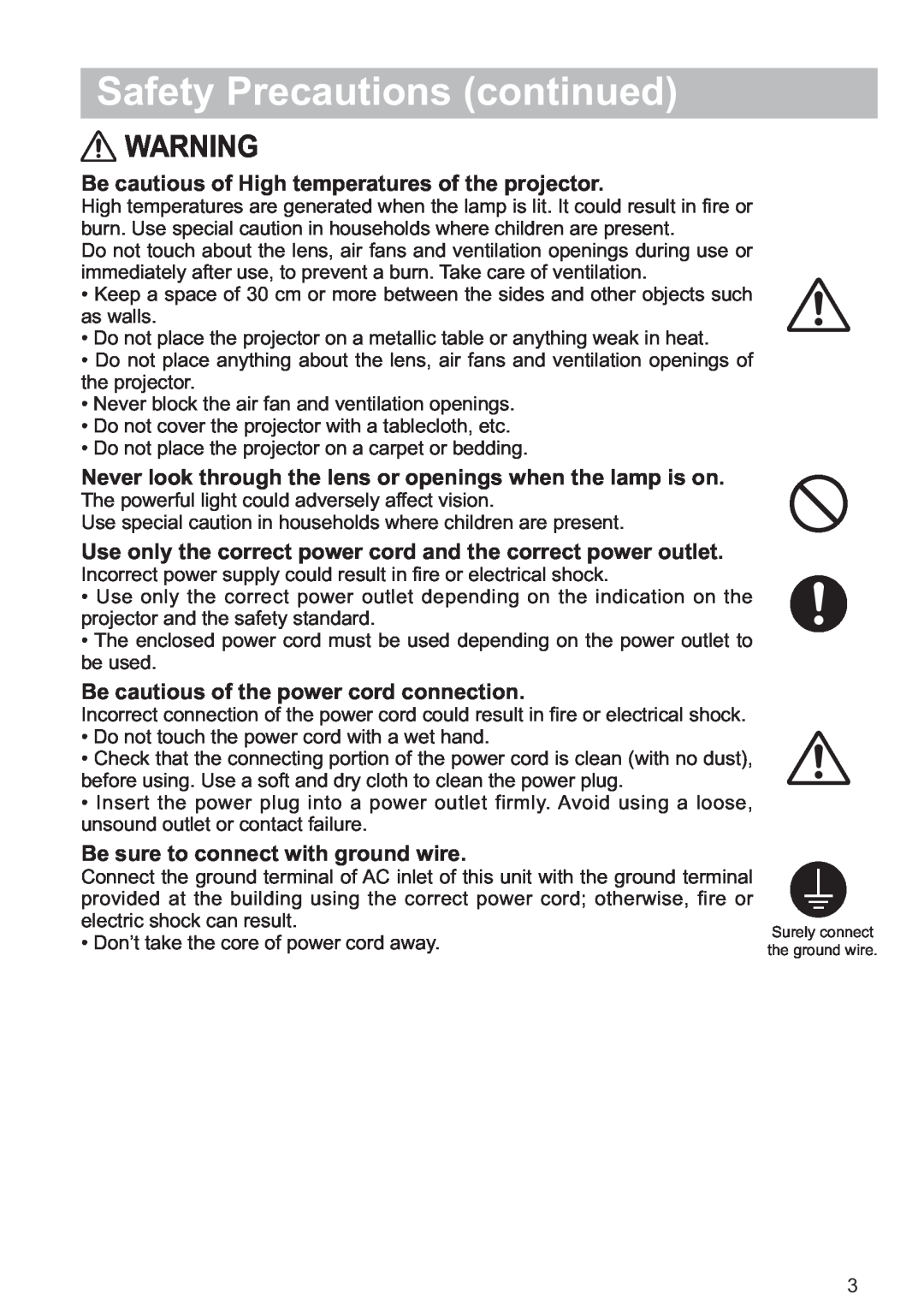 Hitachi CP-X809W user manual Safety Precautions continued, Be cautious of High temperatures of the projector 