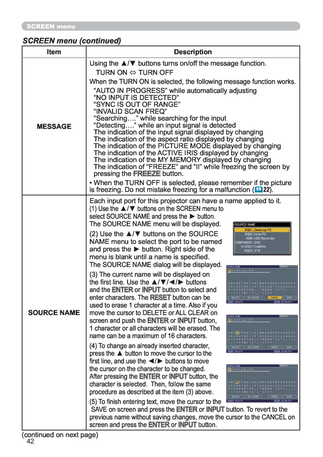 Hitachi CP-X809W user manual SCREEN menu continued, 22  