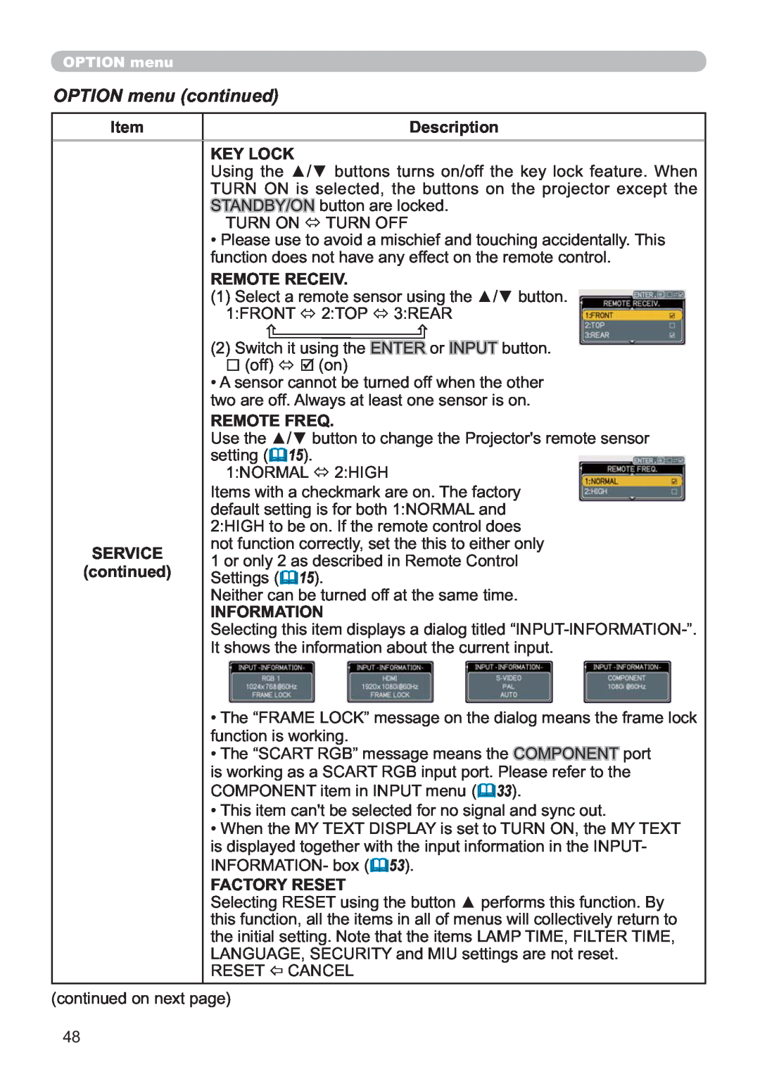 Hitachi CP-X809W user manual OPTION menu continued, WVkrzvWkhLqirupdwlrqDerxwWkhFxuuhqwLqsxw 
