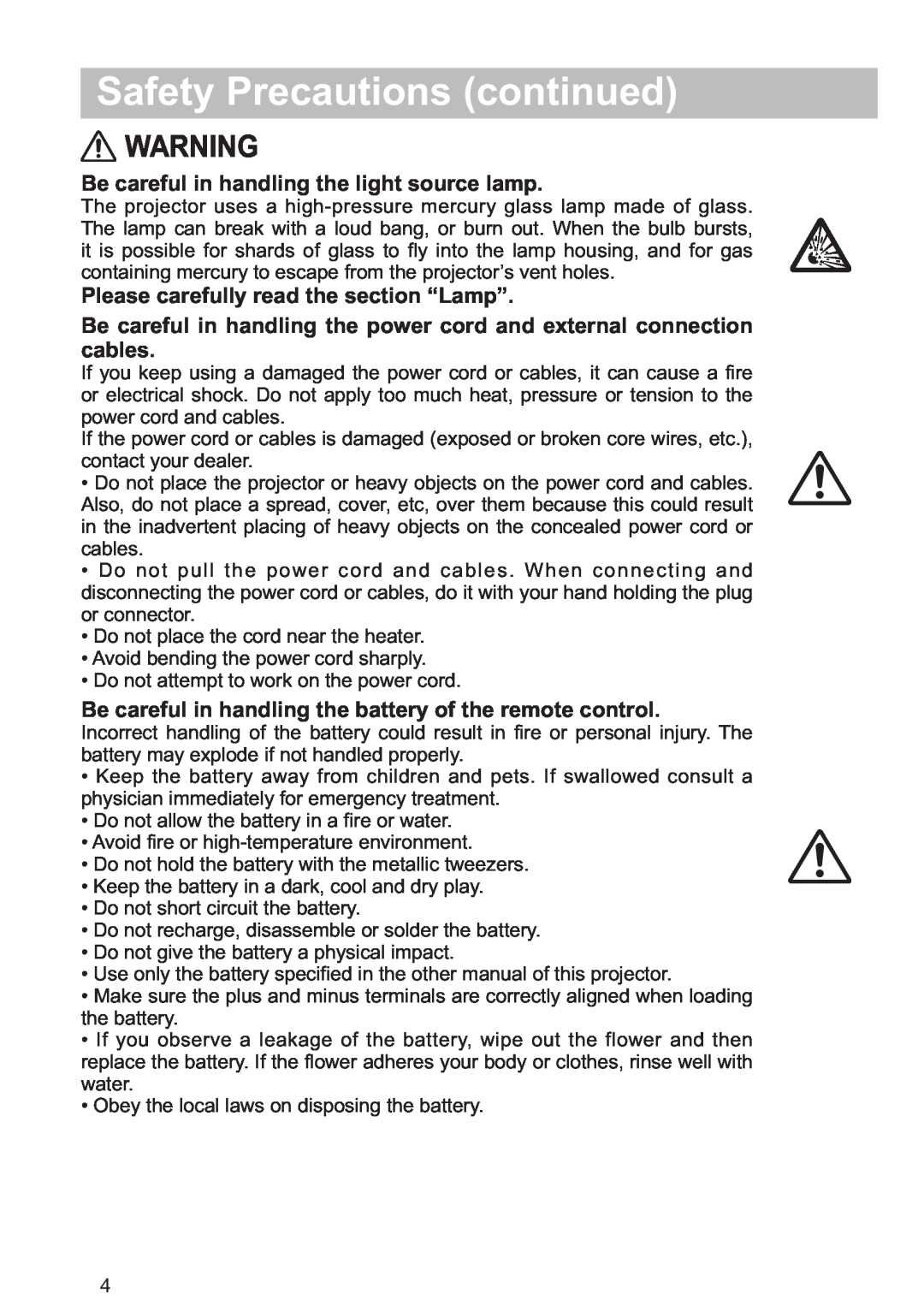 Hitachi CP-X809W user manual Safety Precautions continued, Be careful in handling the light source lamp 