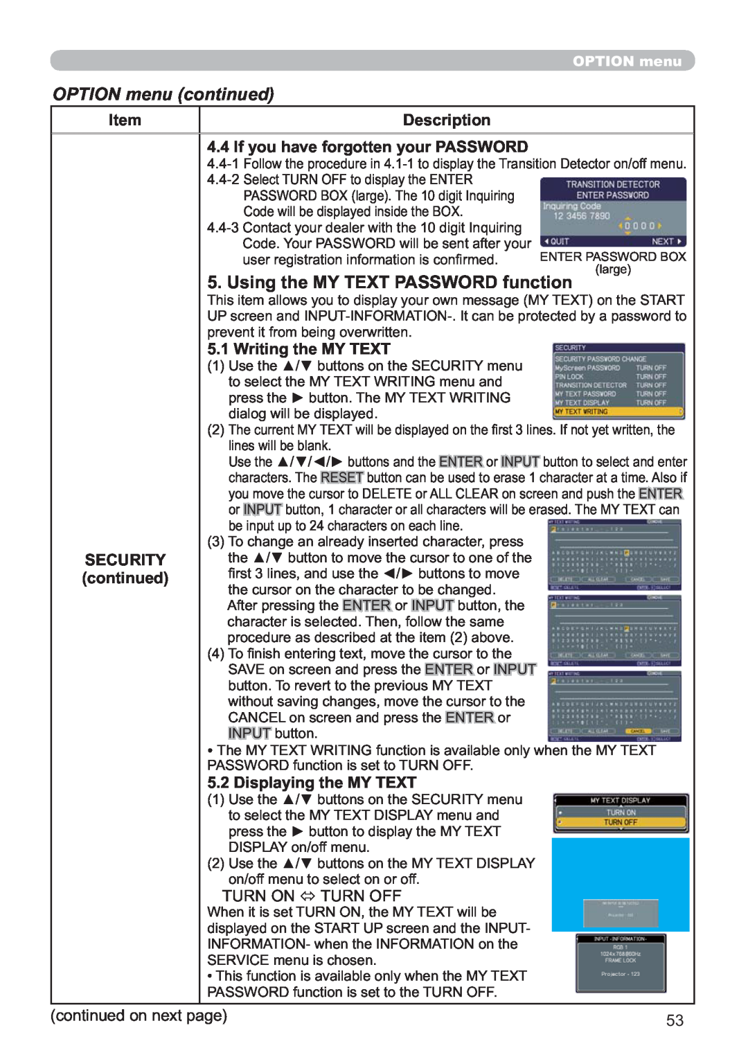 Hitachi CP-X809W OPTION menu continued, 8VLQJWKH0773$6625IXQFWLRQ, 785121Ù78512, FrqwlqxhgRqQhwSdjh 