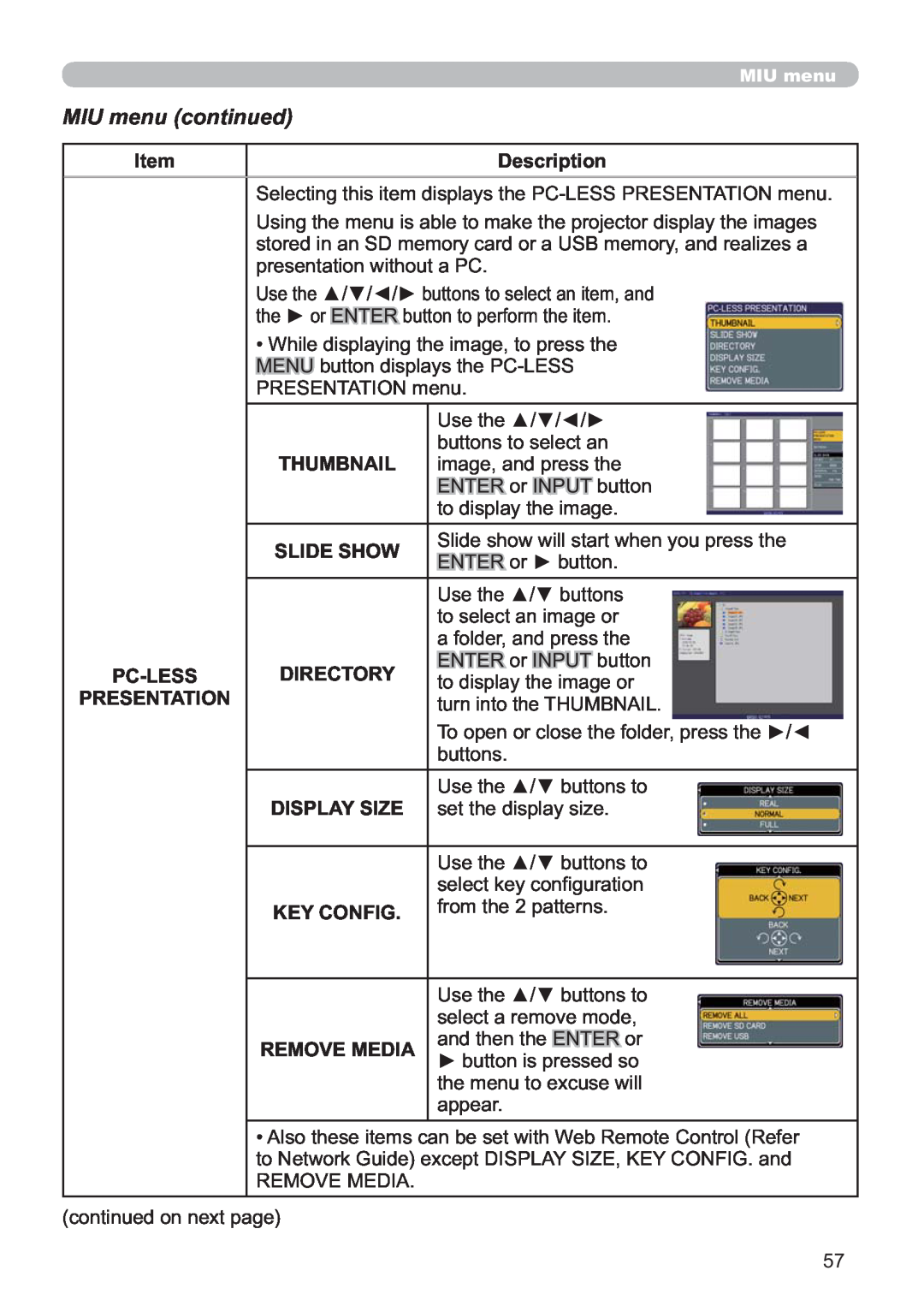 Hitachi CP-X809W user manual MIU menu continued, WR1HWZRUN*XLGHHFHSW,63/$6,=.&21,*DQG 