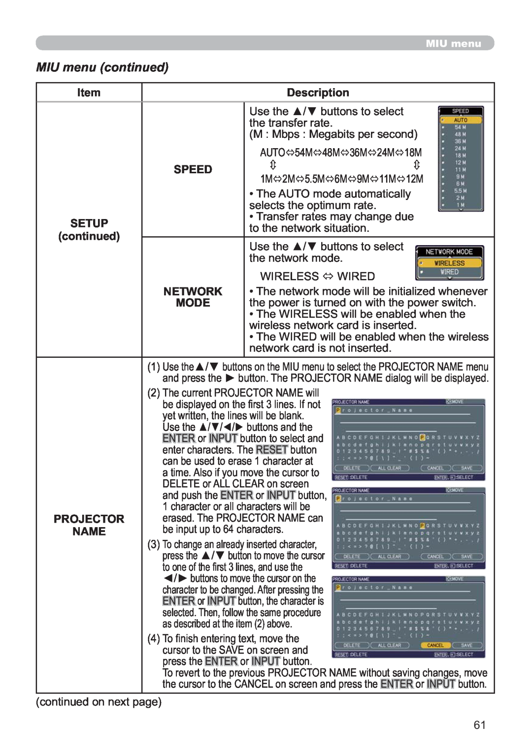 Hitachi CP-X809W user manual MIU menu continued, 00ESV0HJDELWVSHUVHFRQG 