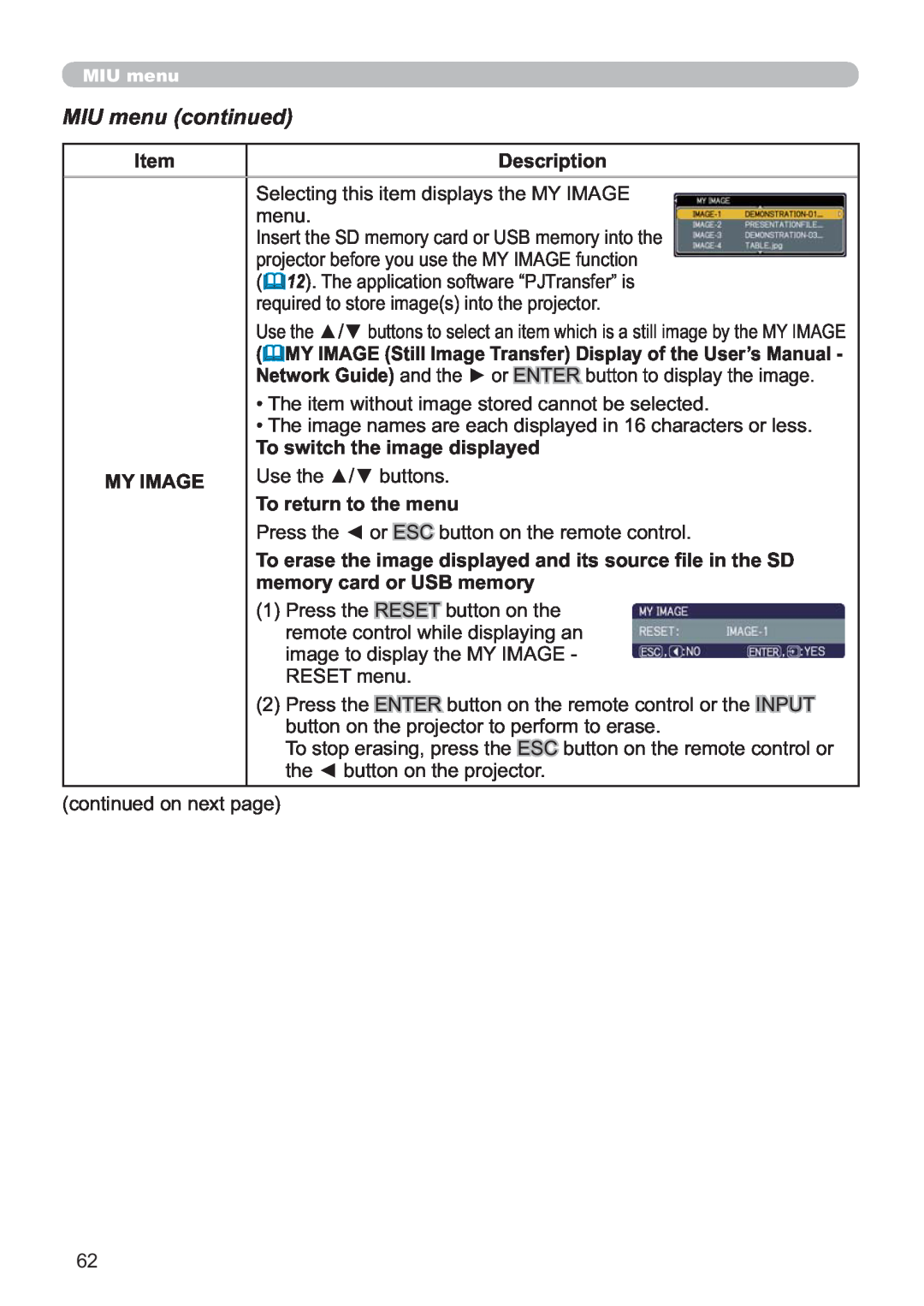 Hitachi CP-X809W user manual MIU menu continued, QVHUWWKH6PHPRU\FDUGRU86%PHPRU\LQWRWKH 