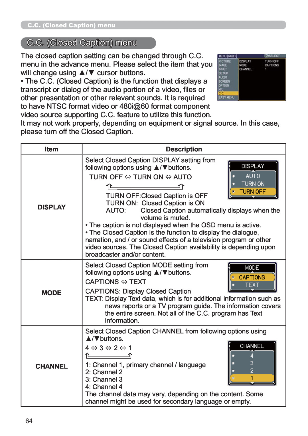 Hitachi CP-X809W user manual &&Orvhg&DswlrqPhqx, 7KHFORVHGFDSWLRQVHWWLQJFDQEHFKDQJHGWKURXJK&& 
