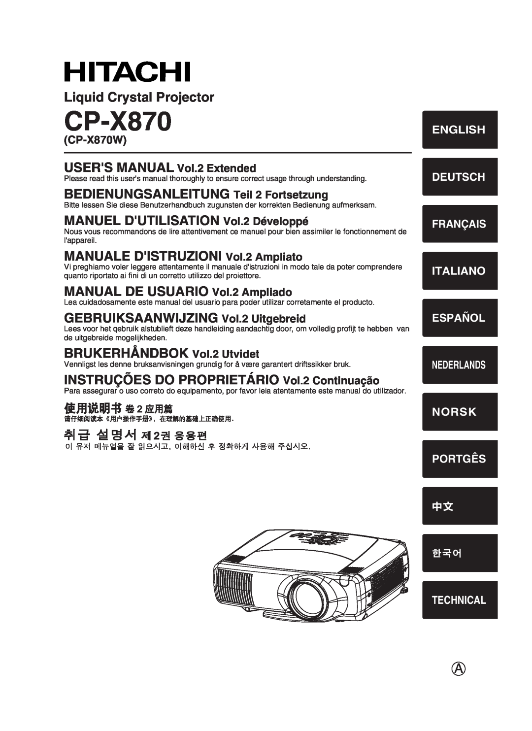 Hitachi user manual CP-X870W, English Deutsch Français Italiano Español, Norsk Portgês, Technical, Nederlands 