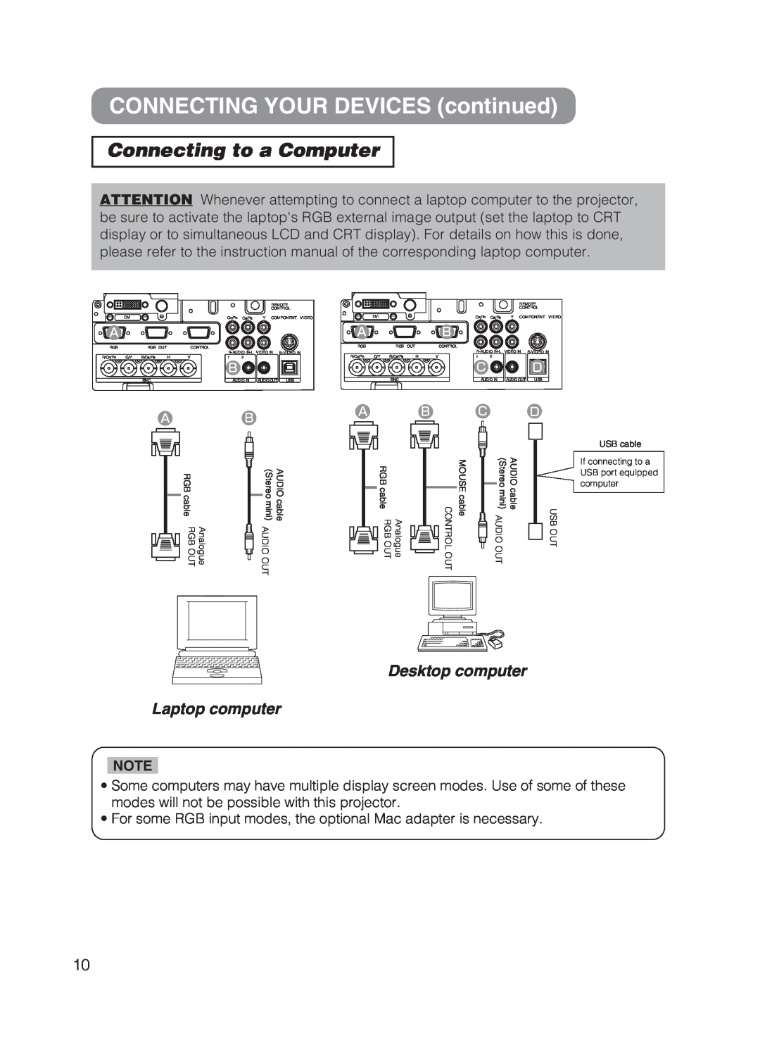 Hitachi CP-X870 user manual CONNECTING YOUR DEVICES continued, Connecting to a Computer, Desktop computer Laptop computer 