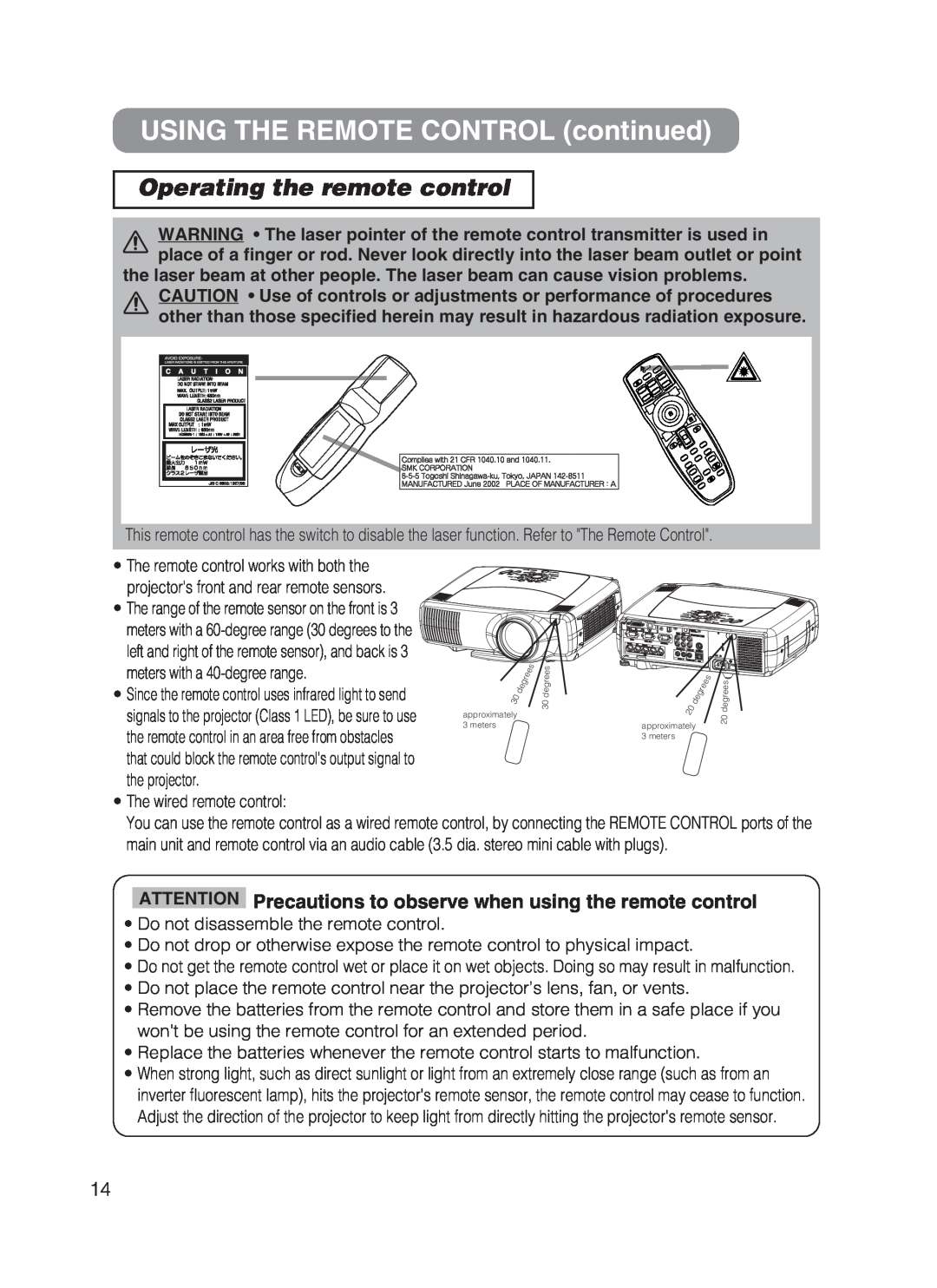 Hitachi CP-X870 user manual USING THE REMOTE CONTROL continued, Operating the remote control 