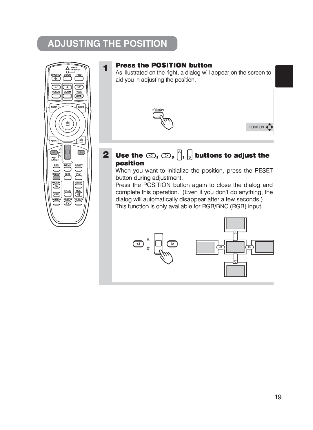 Hitachi CP-X870 user manual Adjusting The Position, Press the POSITION button, Use the , , , buttons to adjust the position 