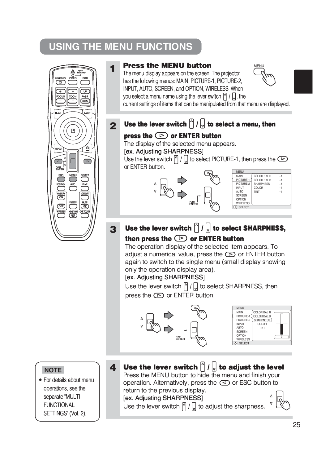Hitachi CP-X870 user manual Using The Menu Functions, Press the MENU button, Use the lever switch / to select a menu, then 