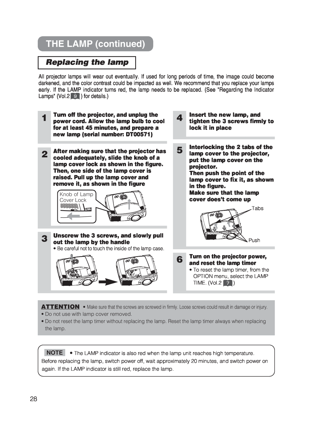 Hitachi CP-X870 user manual THE LAMP continued, Replacing the lamp 