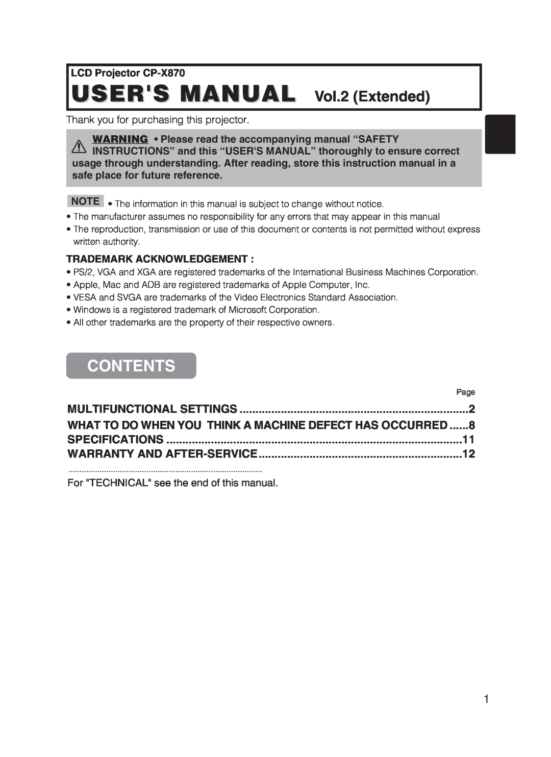 Hitachi CP-X870 user manual Contents 