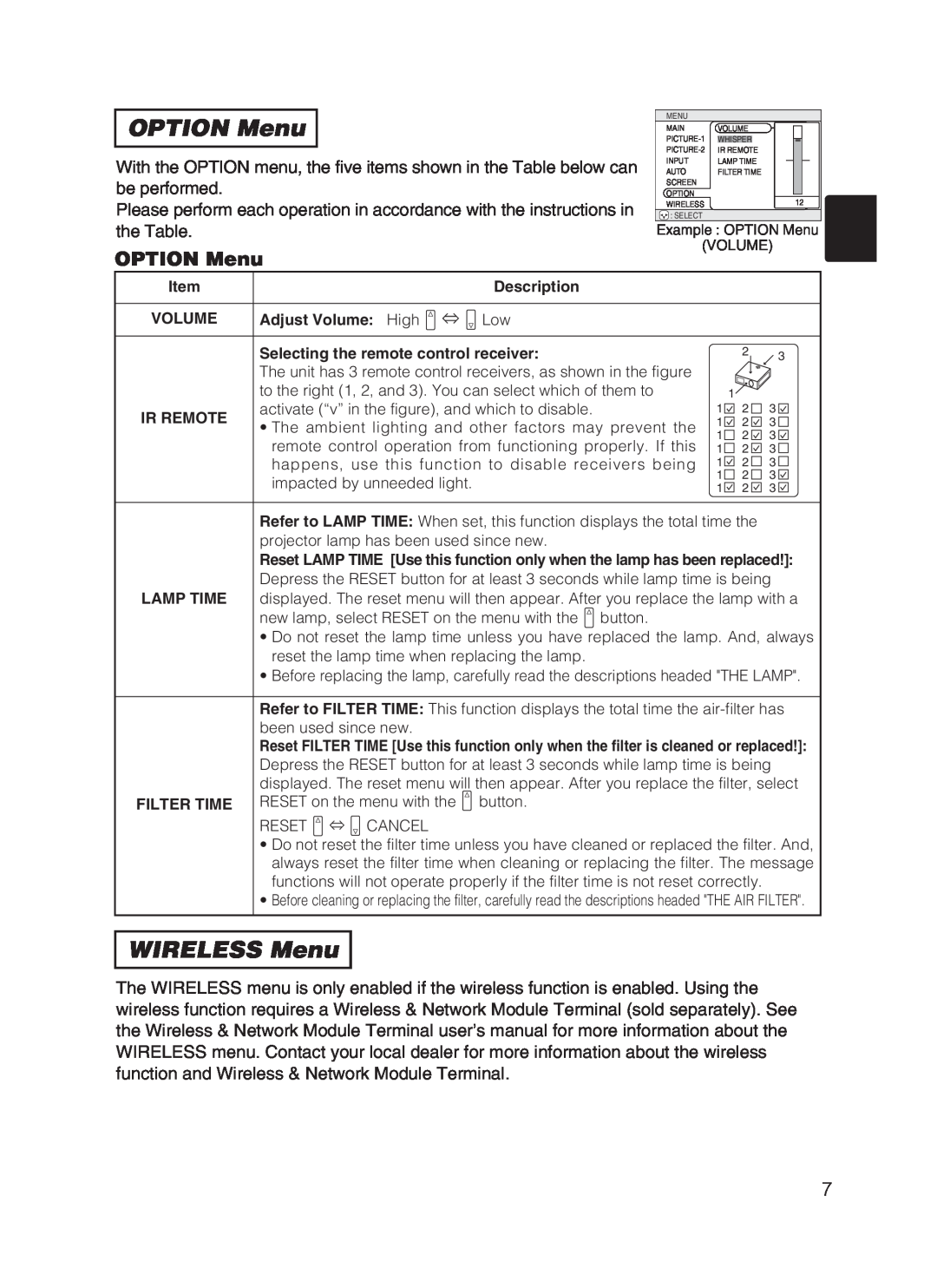 Hitachi CP-X870 user manual OPTION Menu, WIRELESS Menu 