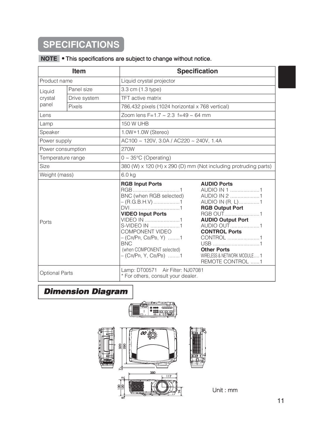 Hitachi CP-X870 user manual Specifications, Dimension Diagram 