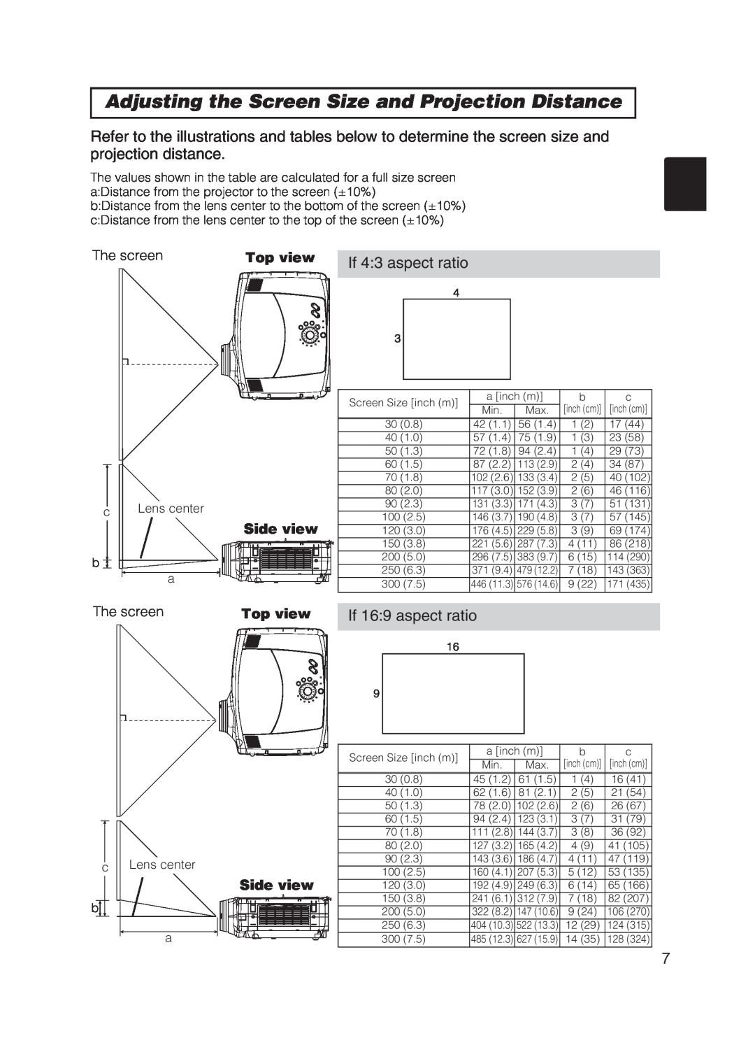 Hitachi CP-X870 user manual Adjusting the Screen Size and Projection Distance, If 4 3 aspect ratio, If 16 9 aspect ratio 