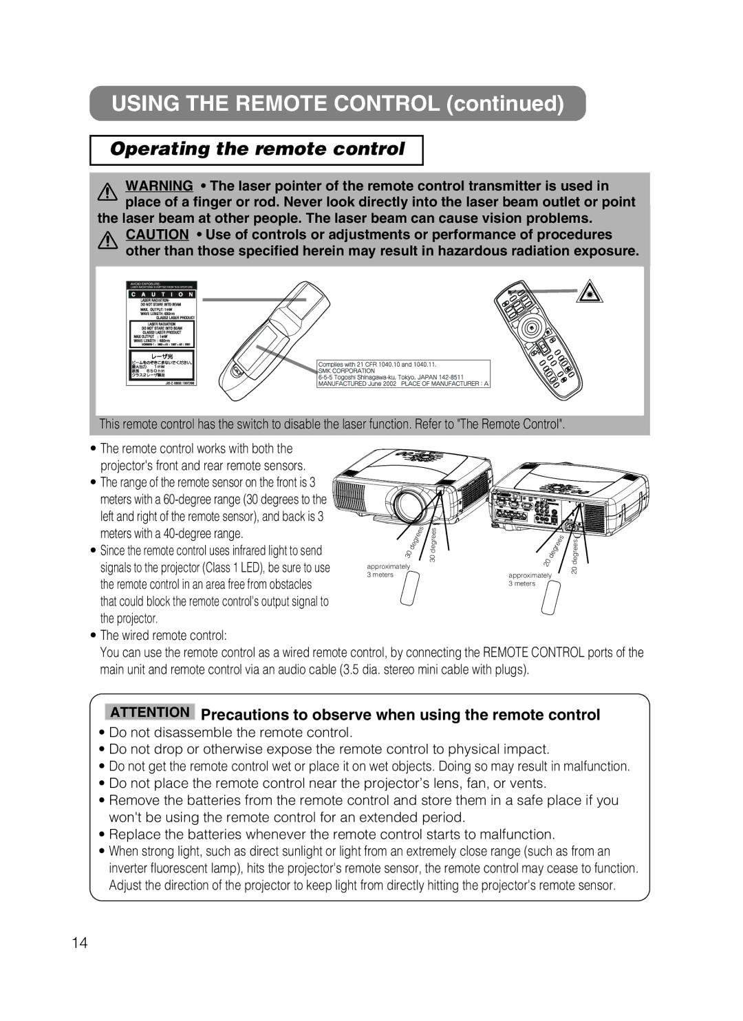 Hitachi CP-X870 user manual Using the Remote Control, Operating the remote control, Meters with a 40-degree range 