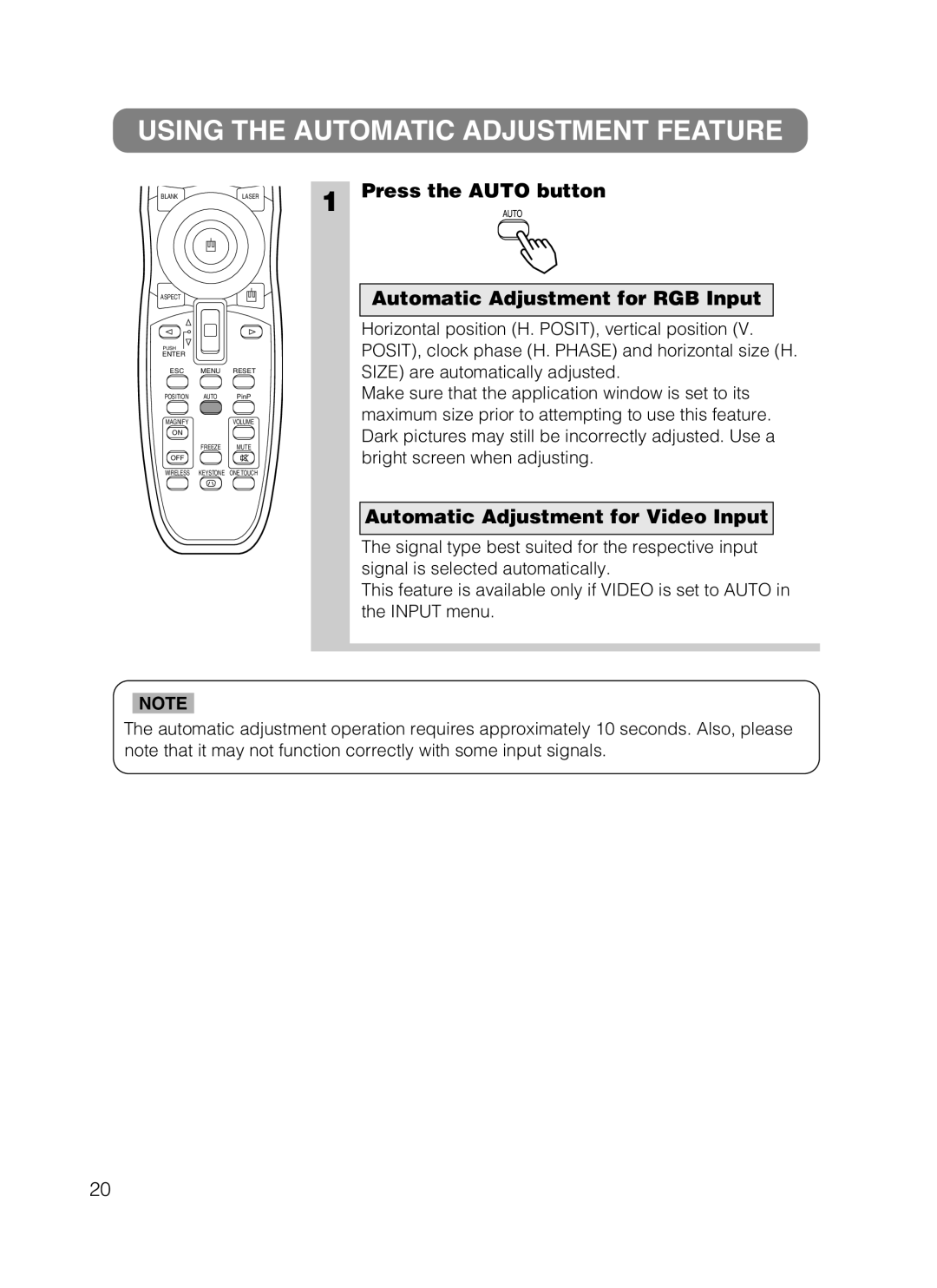 Hitachi CP-X870 Using the Automatic Adjustment Feature, Press the Auto button, Automatic Adjustment for RGB Input 