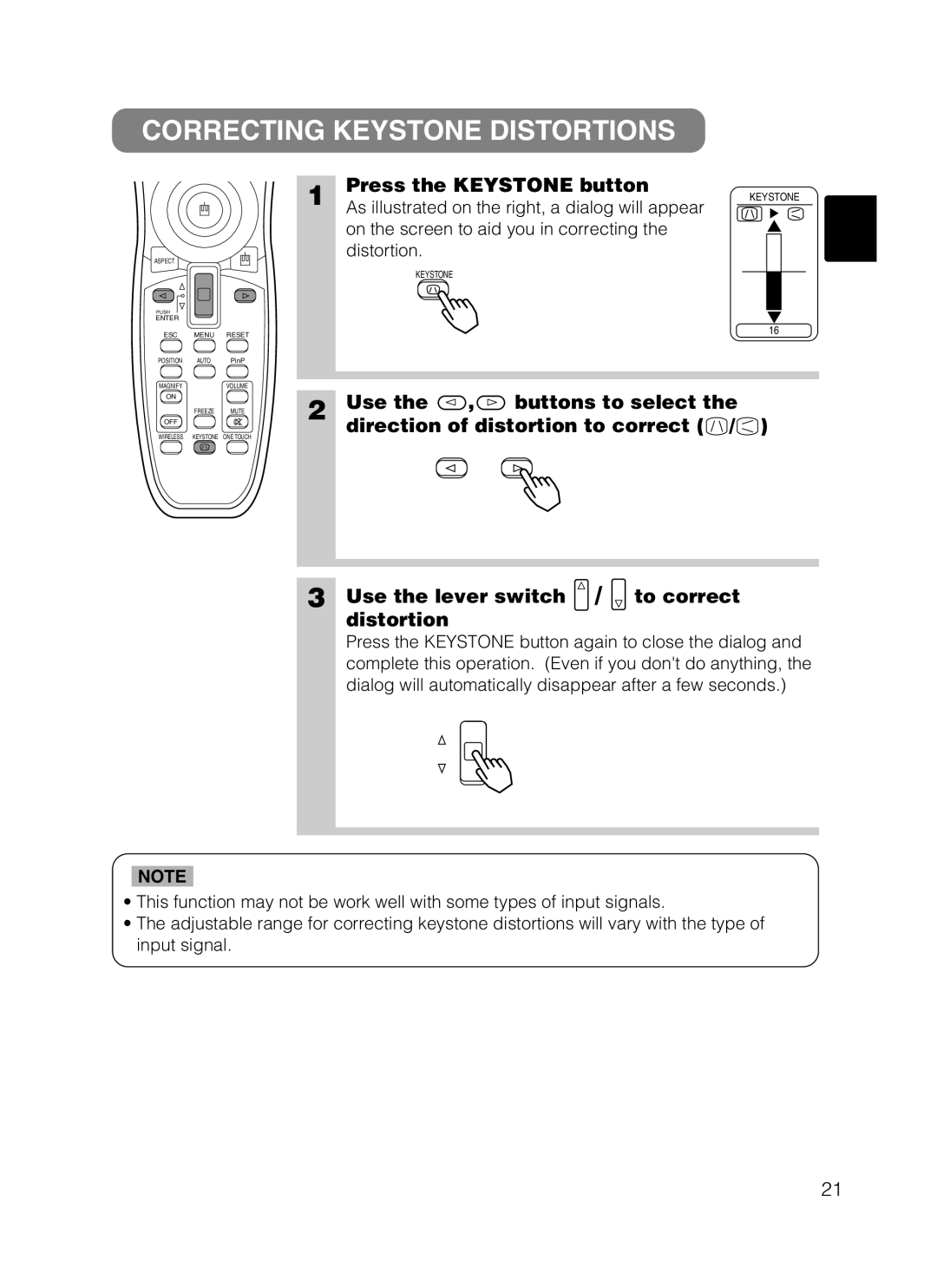 Hitachi CP-X870 user manual Correcting Keystone Distortions, Press the Keystone button 