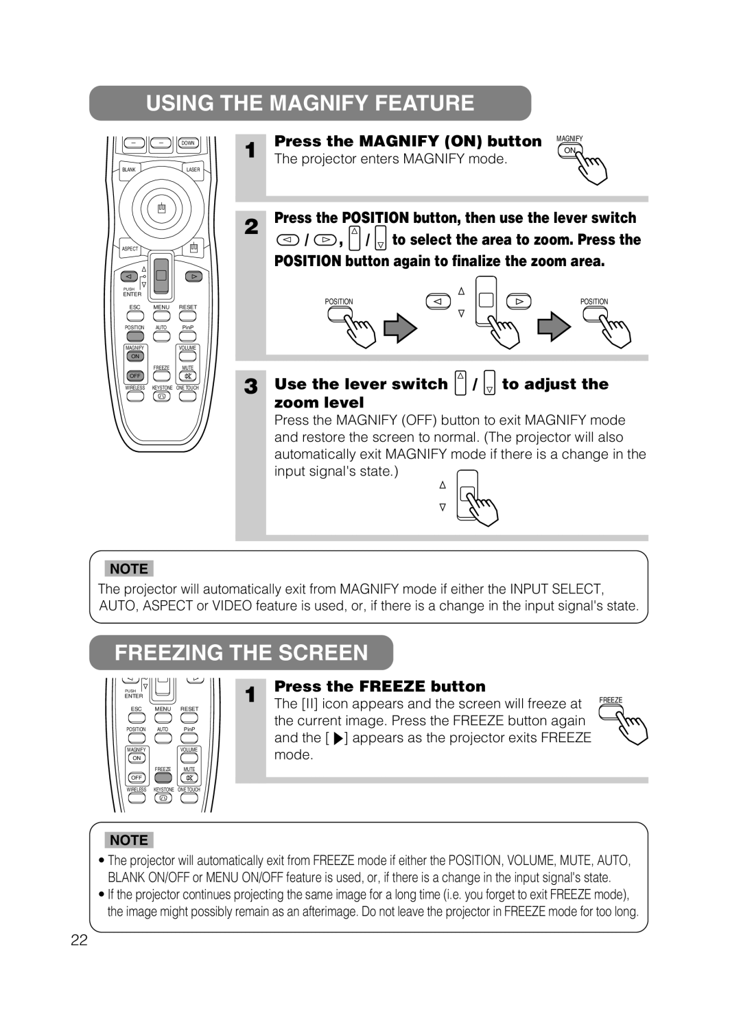 Hitachi CP-X870 user manual Using the Magnify Feature, Freezing the Screen 