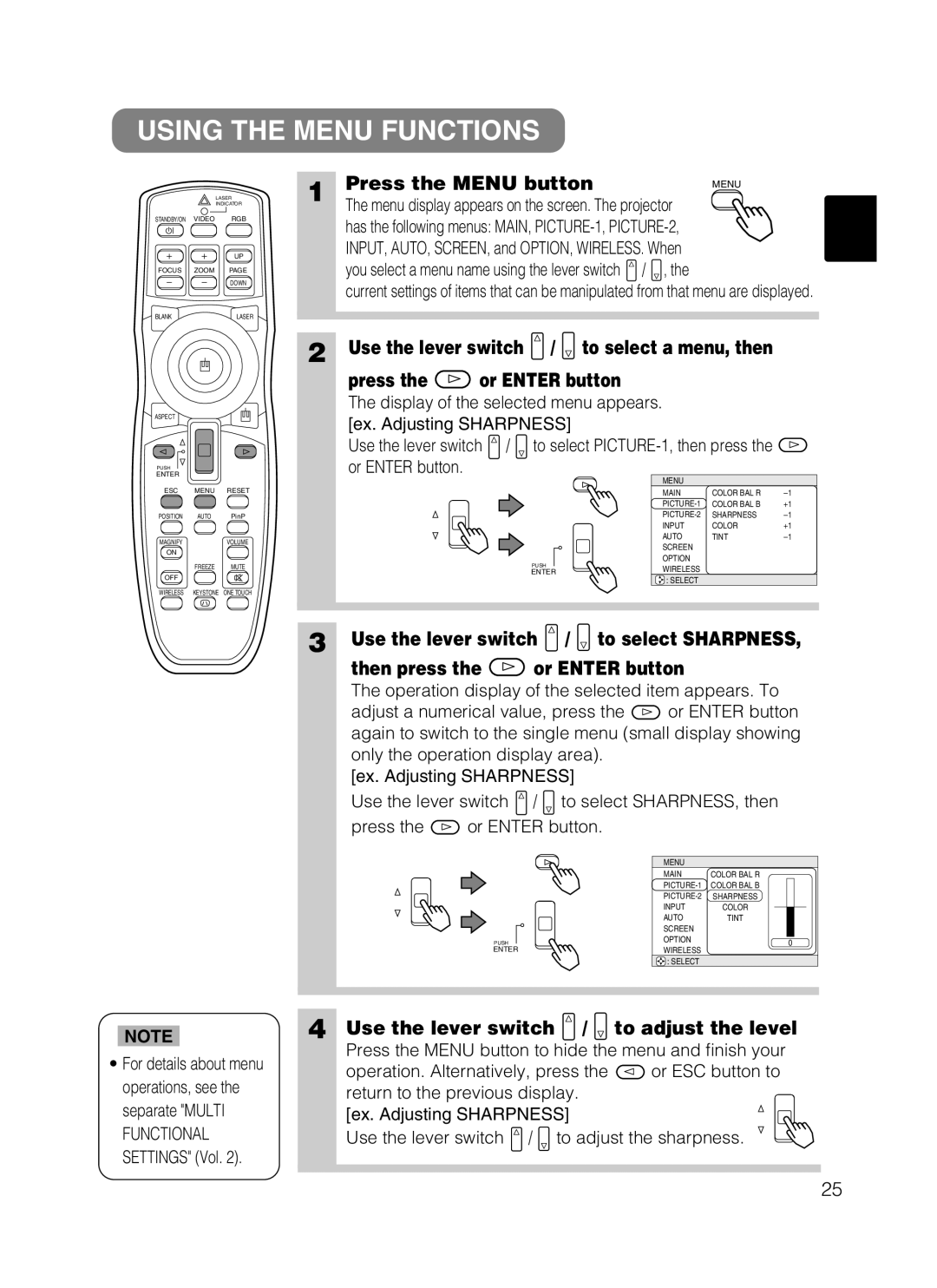 Hitachi CP-X870 user manual Using the Menu Functions, Press the Menu button, Use the lever switch To adjust the level 