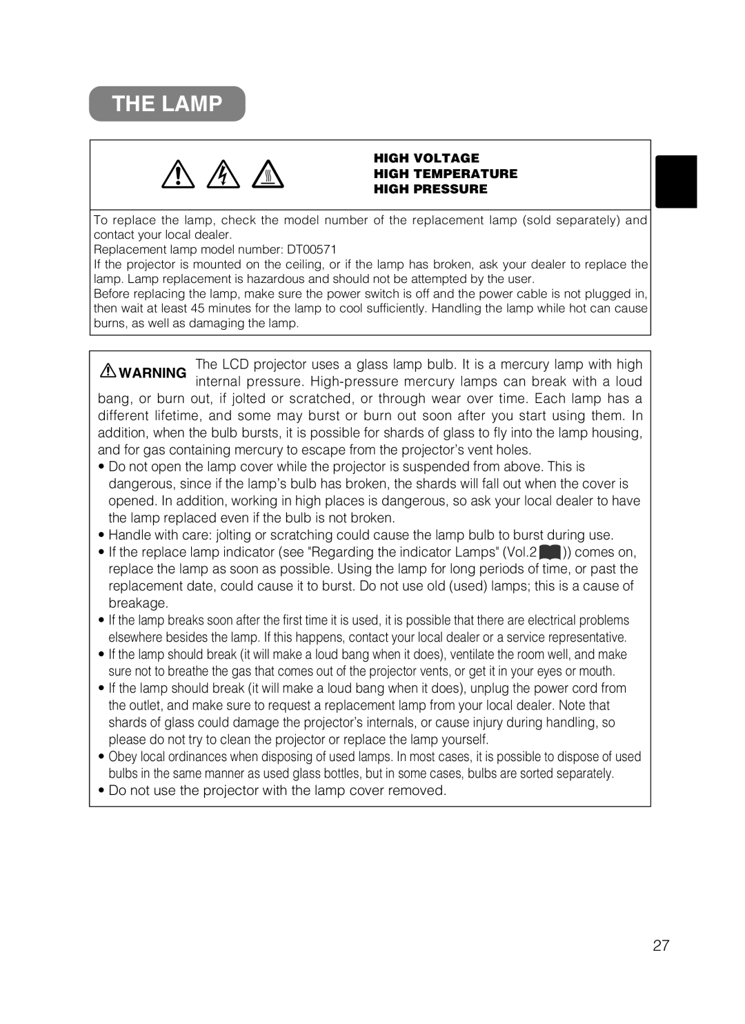 Hitachi CP-X870 Lamp, Do not use the projector with the lamp cover removed, High Voltage High Temperature High Pressure 