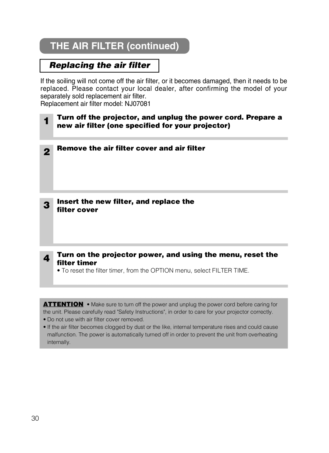 Hitachi CP-X870 user manual AIR Filter, Replacing the air filter 