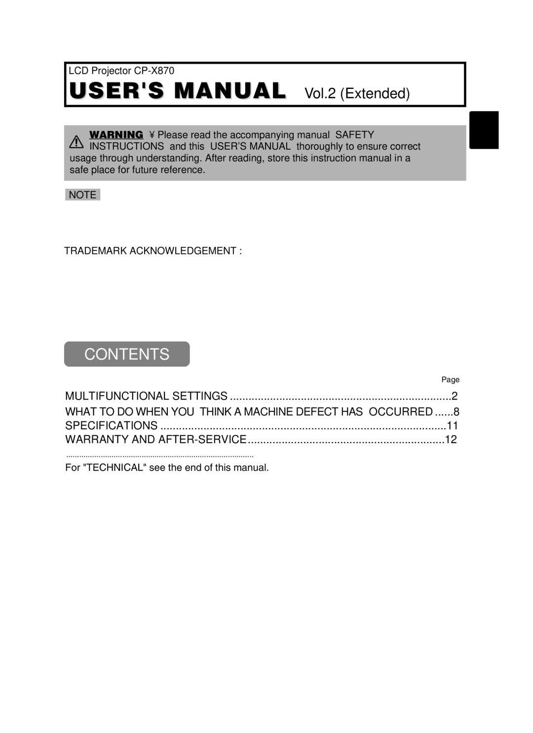 Hitachi user manual LCD Projector CP-X870, For Technical see the end of this manual 