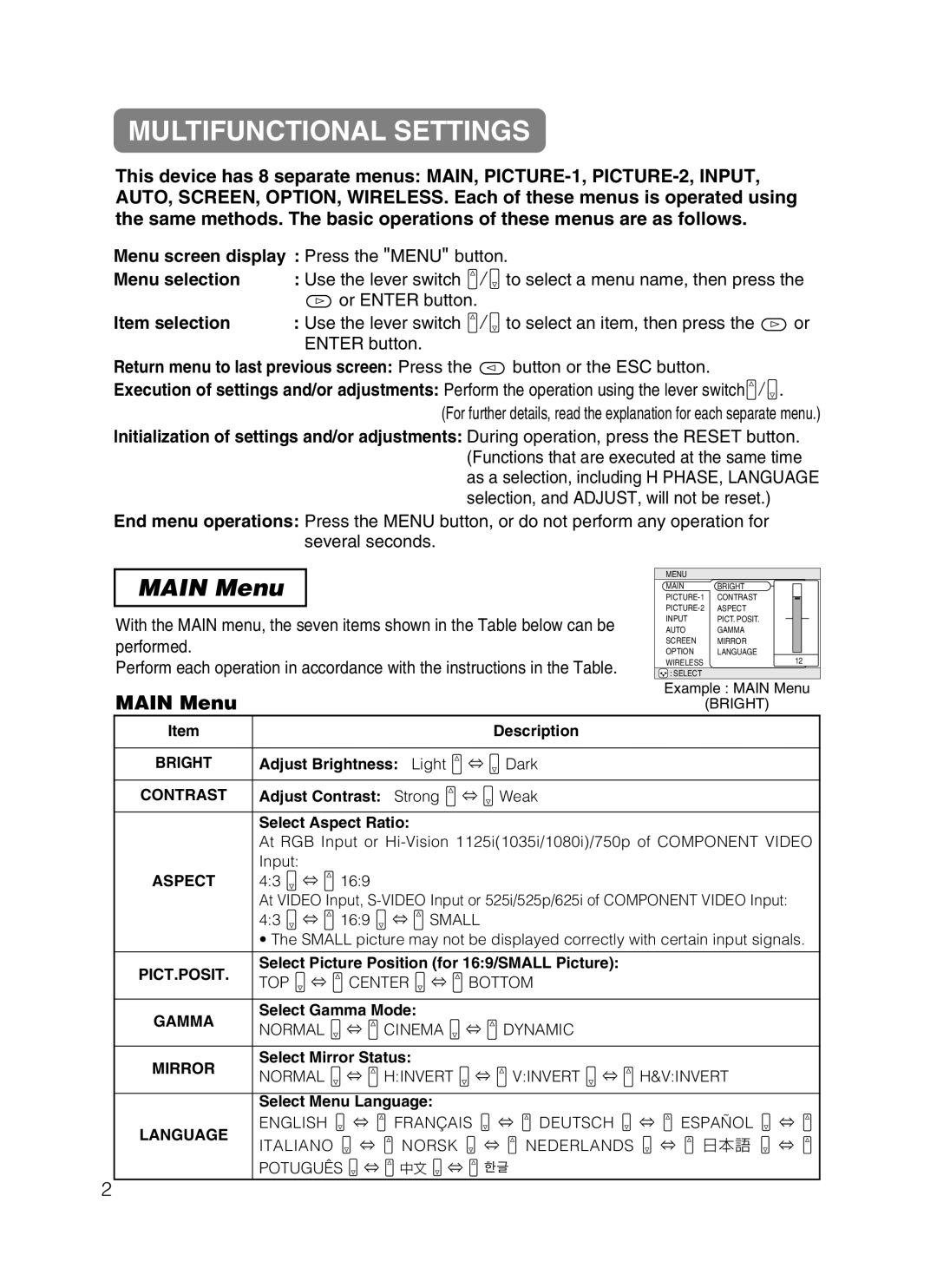 Hitachi CP-X870 user manual Multifunctional Settings, Main Menu, Item selection 