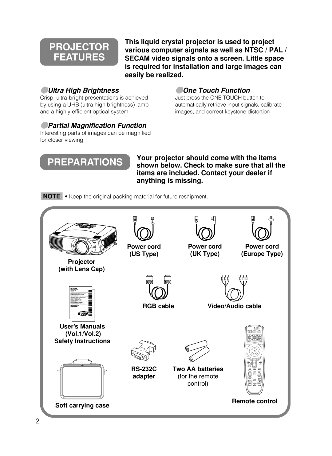 Hitachi CP-X870W Projector Features, US Type UK Type Europe Type Projector With Lens Cap, RS-232C Two AA batteries 