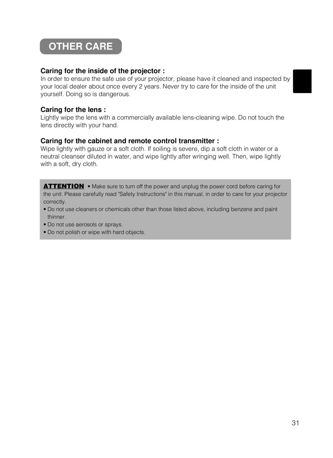 Hitachi CP-X870W user manual Other Care, Caring for the inside of the projector, Caring for the lens 