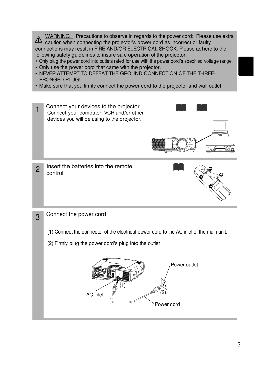 Hitachi CP-X870W Only use the power cord that came with the projector, Devices you will be using to the projector 