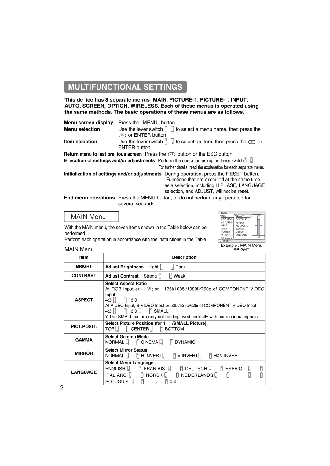 Hitachi CP-X880 user manual Multifunctional Settings, Main Menu, Item selection 