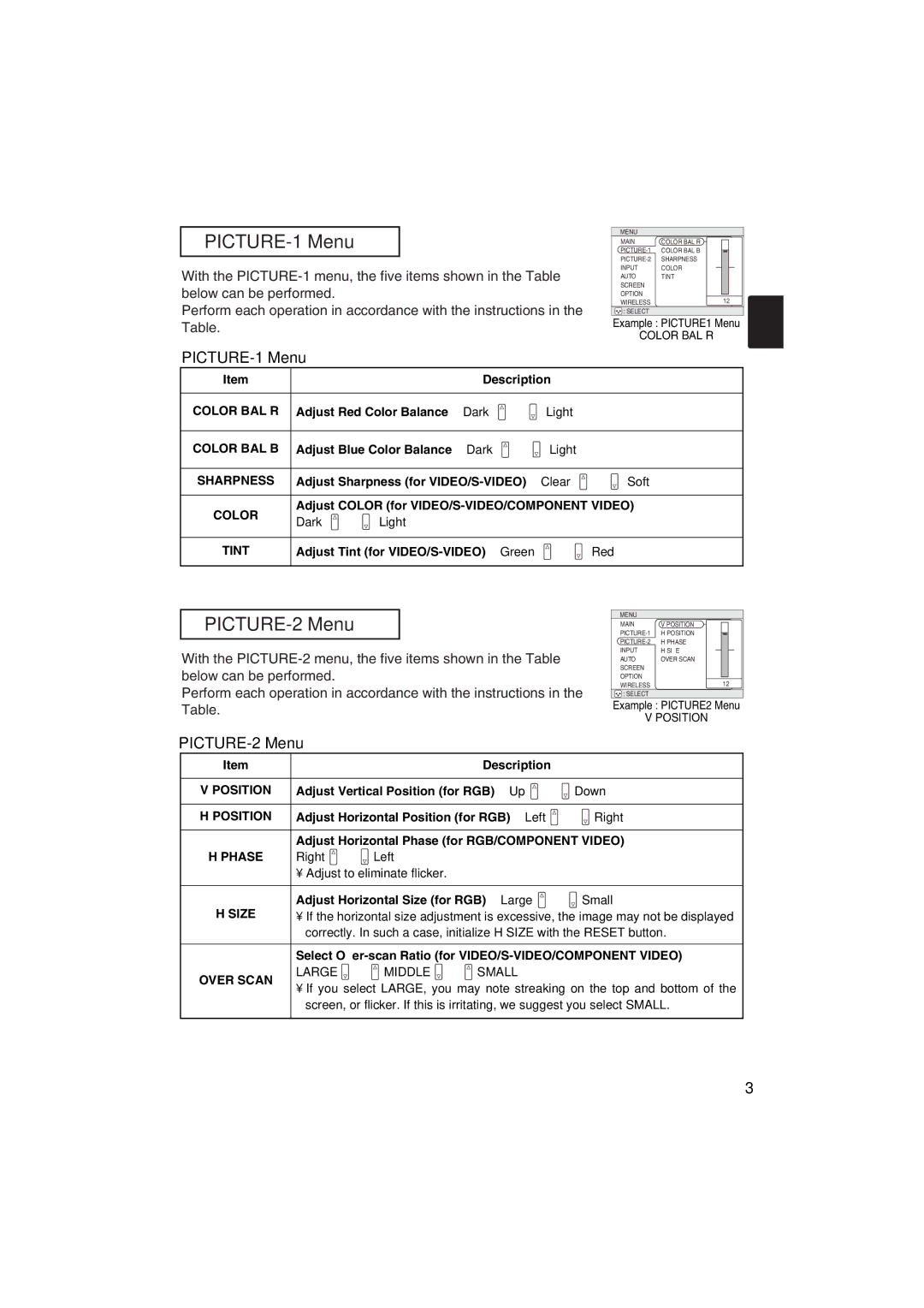 Hitachi CP-X880 user manual PICTURE-1 Menu, PICTURE-2 Menu 