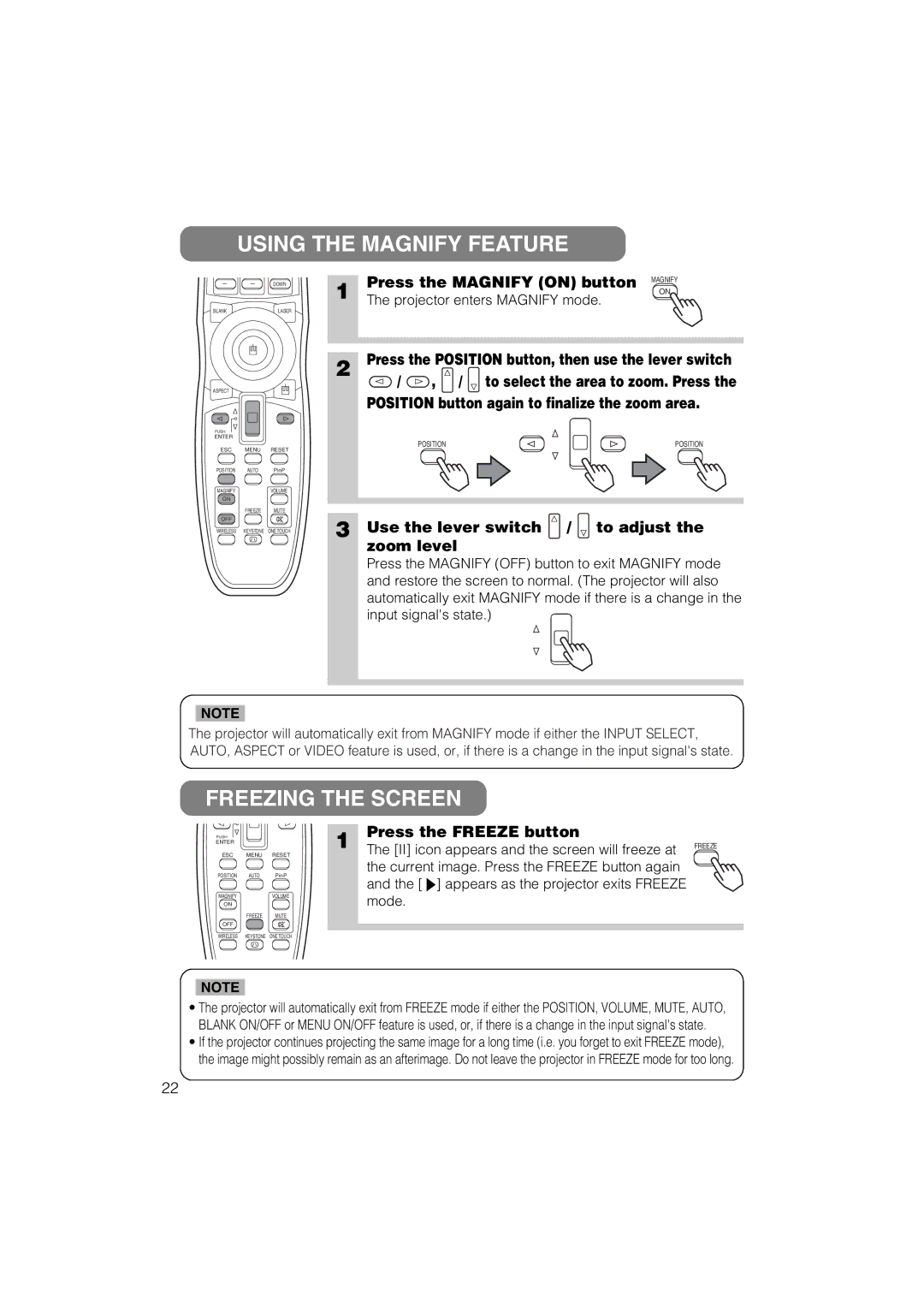 Hitachi CP-X880 user manual Using the Magnify Feature, Freezing the Screen 