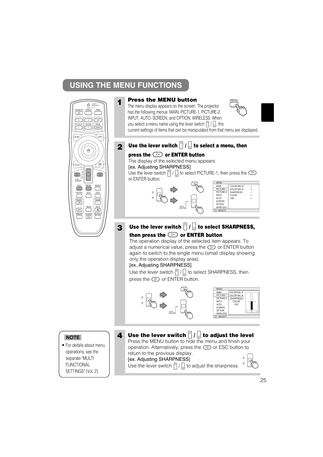 Hitachi CP-X880 user manual Using the Menu Functions, Press the Menu button, Use the lever switch To adjust the level 