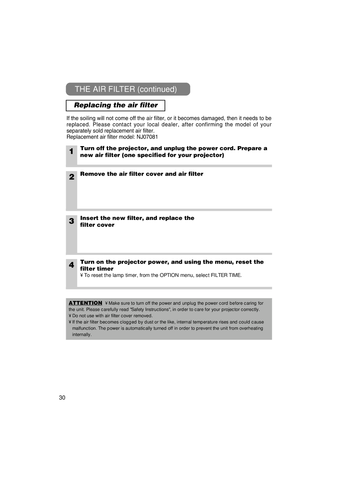 Hitachi CP-X880 user manual AIR Filter, Replacing the air filter 