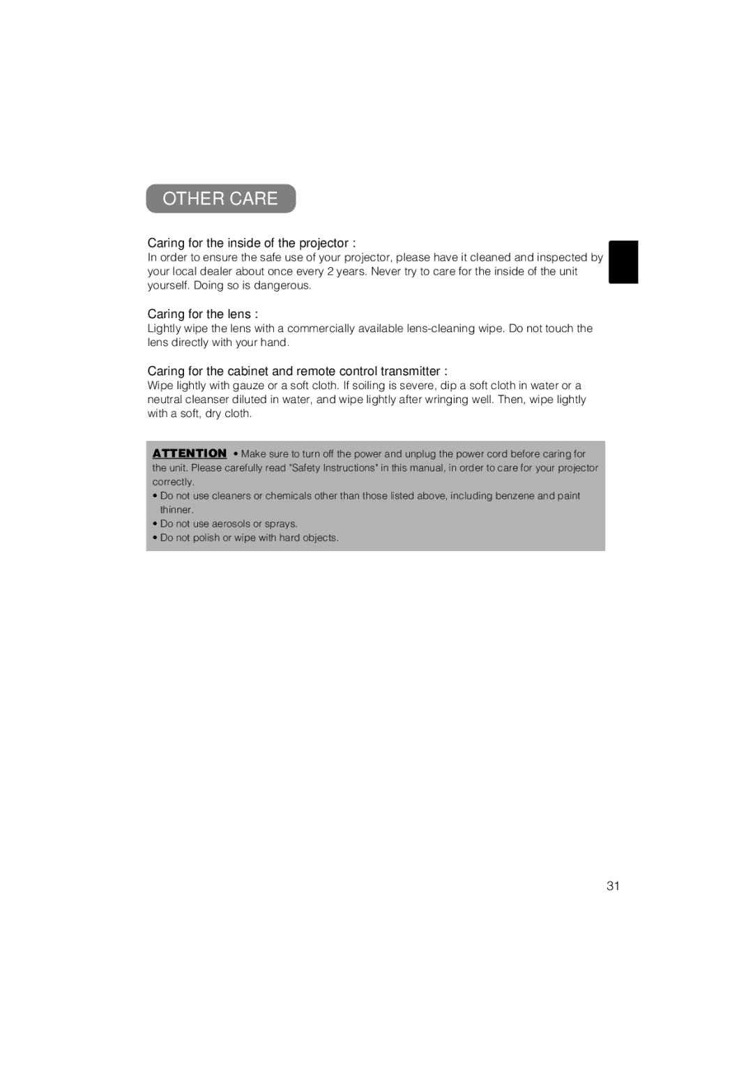 Hitachi CP-X880 user manual Other Care, Caring for the inside of the projector, Caring for the lens 