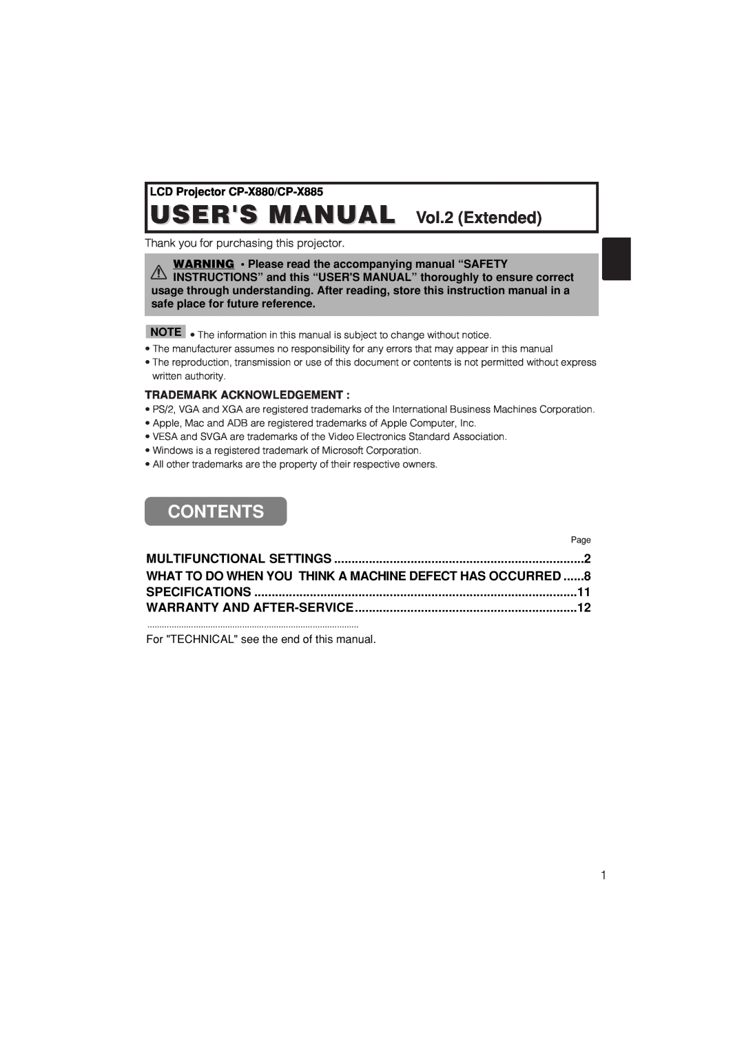 Hitachi CP-X885W, CP-X880W user manual Contents, USERS MANUAL Vol.2 Extended 