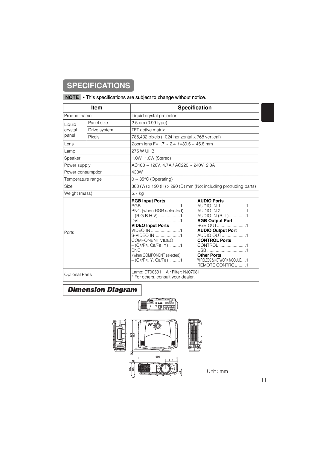 Hitachi CP-X885W, CP-X880W user manual Specifications, Dimension Diagram, Item 