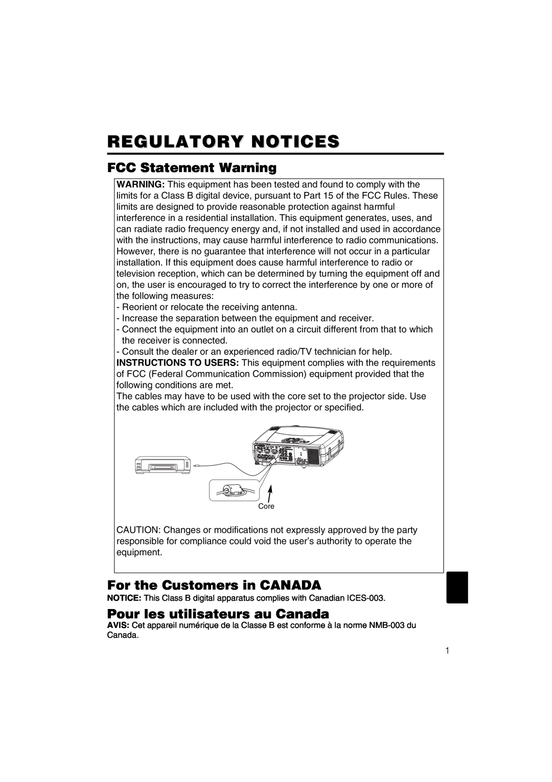 Hitachi CP-X885W Regulatory Notices, FCC Statement Warning, For the Customers in CANADA, Pour les utilisateurs au Canada 